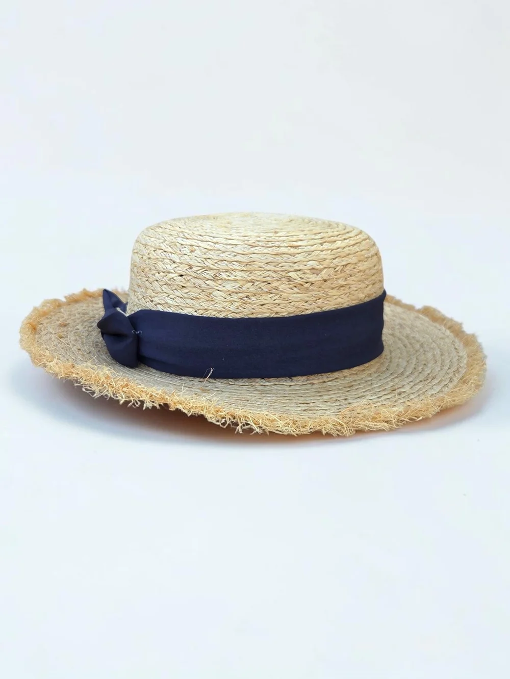 POL 100% Raffia Straw Boater Hat Raw Frayed Edge Navy Ribbon Bow Beach Sun Hat